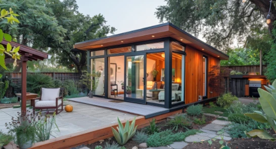 A small house with a patio and a garden