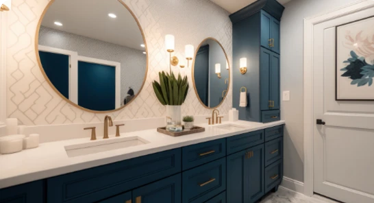 Beautiful bathroom in with dark blue cabinets and circular mirror