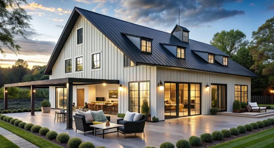 Contemporary black and white barndominium