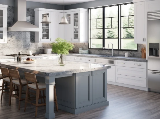 kitchen with white cabinets and a black countertop and a stainless steel appliances