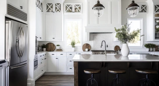 white kitchen in contemporary farmhouse stainless steel appliances