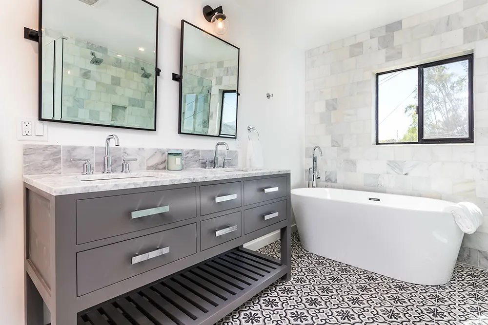 gray cabinets in luxury bathroom